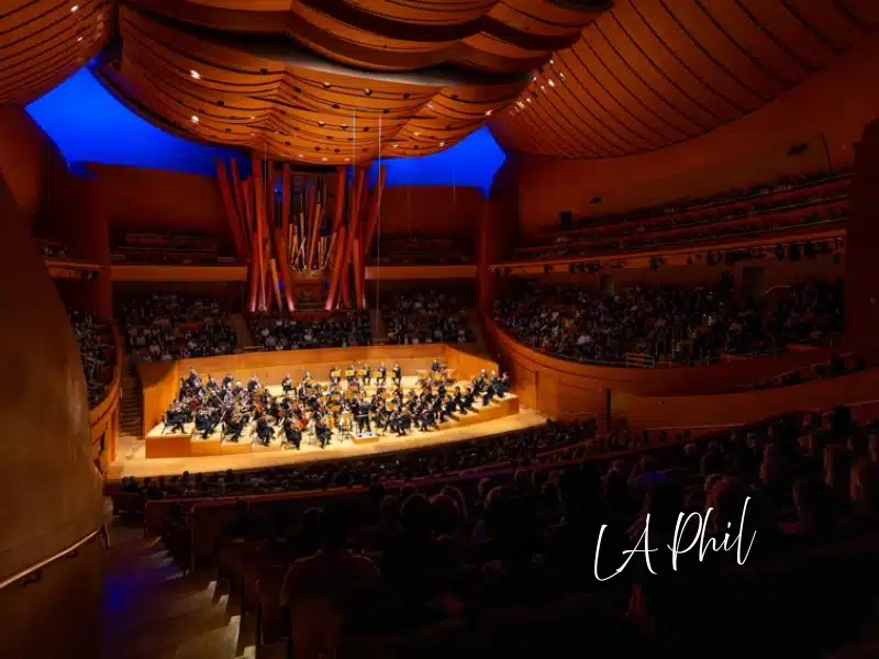 LA Phil performing at Walt Disney Concert Hall—orchestra on stage under blue-lit ceiling—Los Angeles experience gift idea.