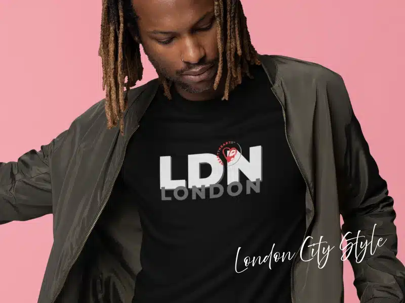 Model wearing black “LDN London” City Style tee—London gifts & local merch idea.