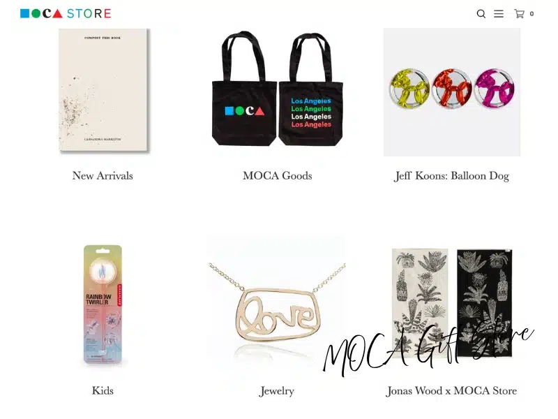 MOCA Store Los Angeles collage—totes, art book, Balloon Dog pins, kids toy, jewelry—LA museum gift ideas.