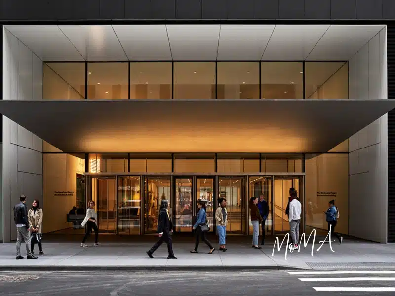 MoMA entrance with people walking—NYC experience gift idea (tickets or membership).