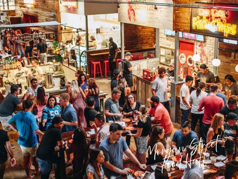 Morgan Street Food Hall packed with diners and vendors, Raleigh food hall gift card idea