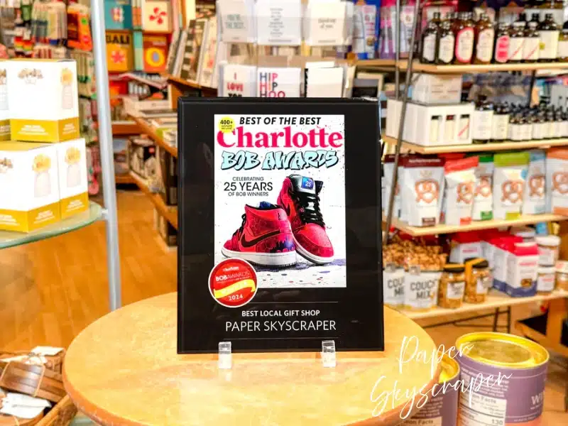 Paper Skyscraper — award-winning Charlotte gift shop with “Best of the Best” display.