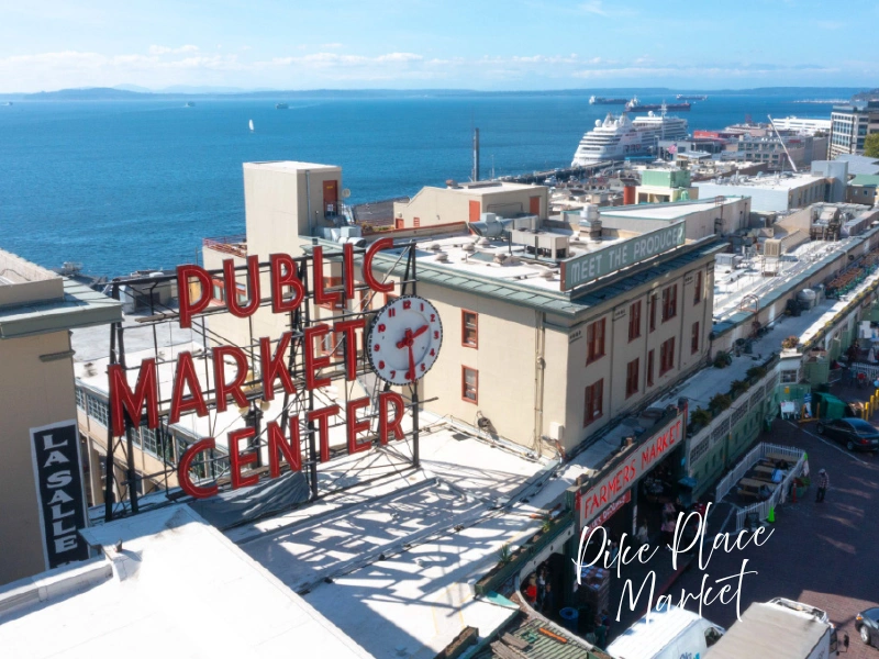 Aerial view of Pike Place Market with the Public Market Center sign, Seattle gift card and local gifts idea