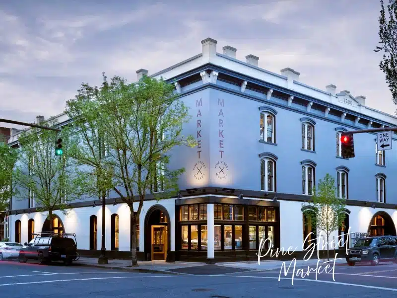 Pine Street Market exterior at dusk in downtown Portland, food hall gift card idea