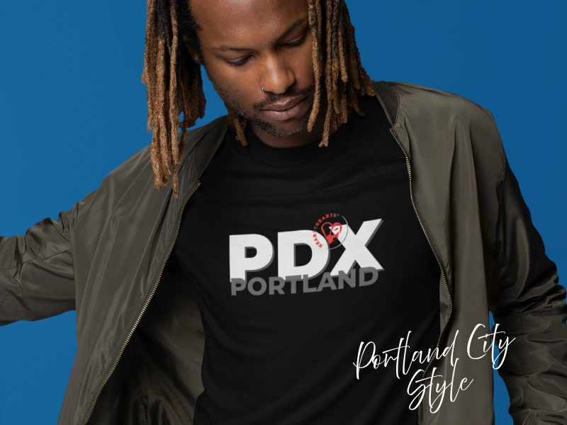 Model wearing PDX Portland City Style tee, black graphic shirt with PDX logo, Portland gift apparel