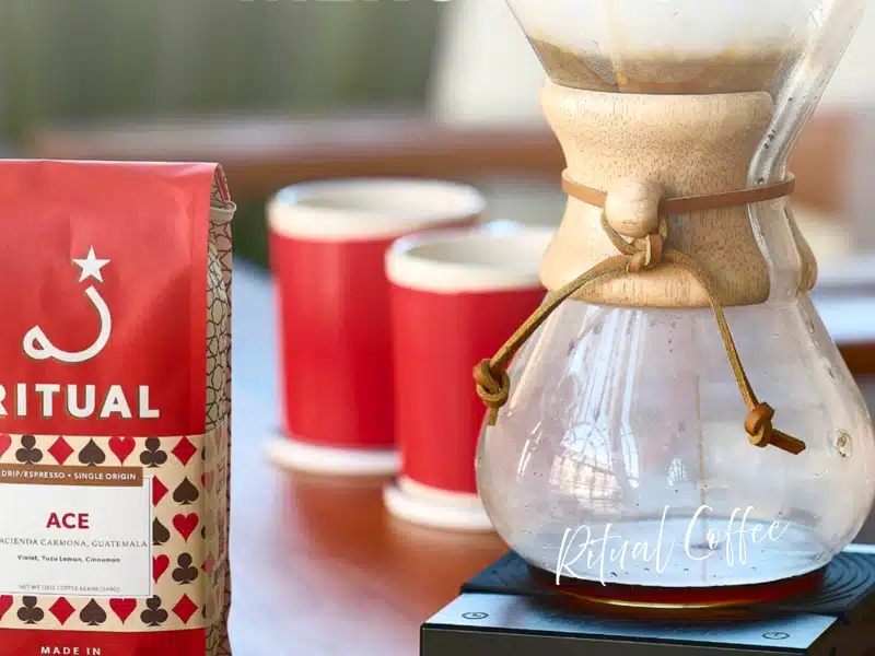 Ritual Coffee bag and Chemex with red mugs—San Francisco coffee gift idea.
