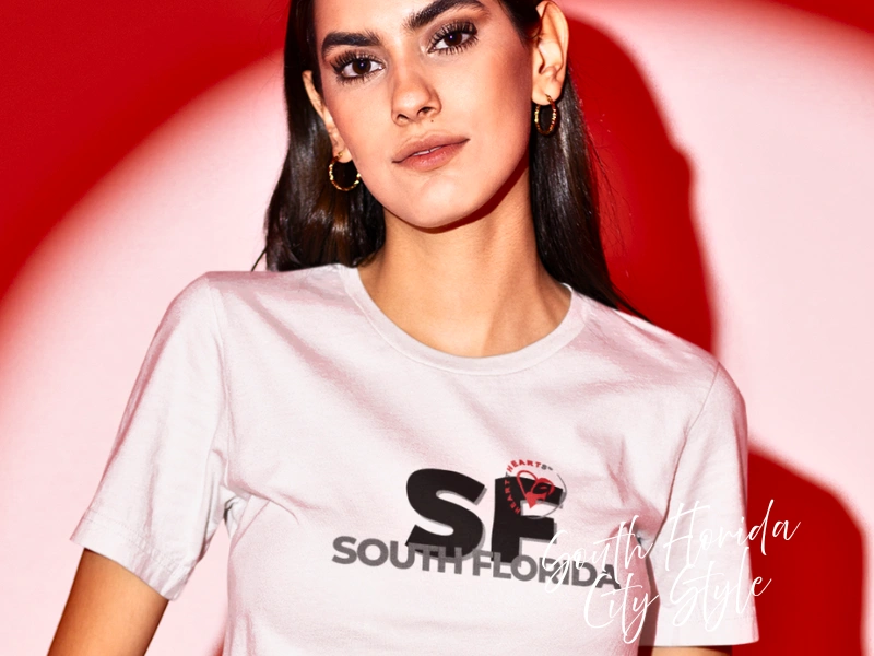 Close-up of South Florida City Style SF tee on a model, local merch gift idea