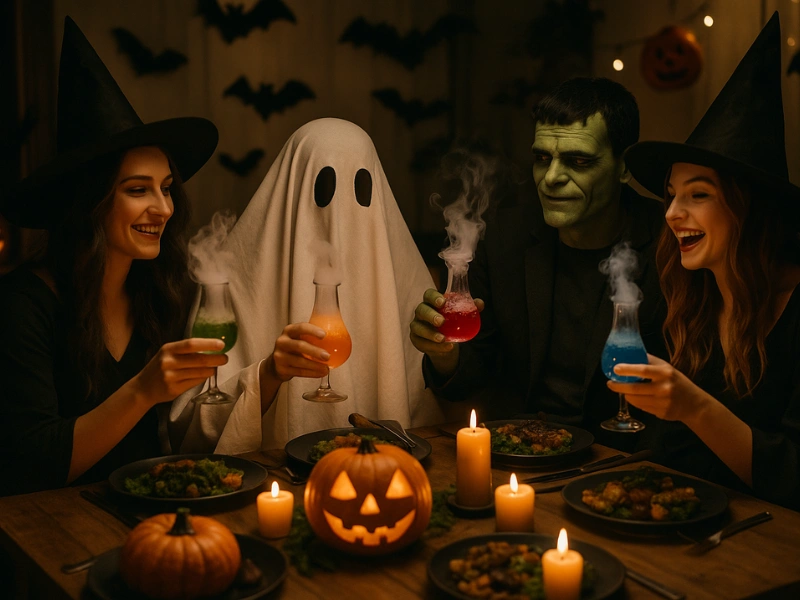 things to do for halloween – friends in witch and monster costumes toasting steamy potion drinks at a candlelit dinner