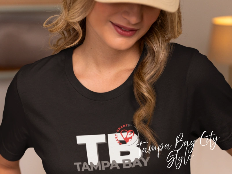 Close-up of Tampa Bay City Style TB tee on a model, local merch gift idea