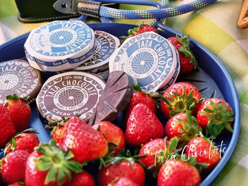Taza Chocolate stone-ground discs with fresh strawberries—Somerville/Boston food gift idea.