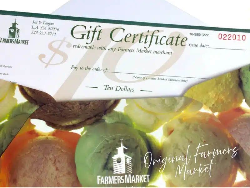 Original Farmers Market Los Angeles gift certificate over ice cream scoops—LA food hall gift card idea.