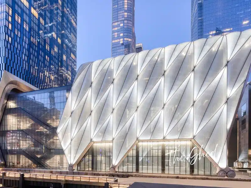 The Shed at Hudson Yards illuminated at dusk—NYC experience gift idea.