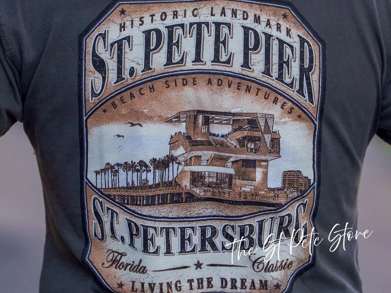 Close-up of St. Pete Pier graphic tee from The St. Pete Store, local Tampa Bay merch gift
