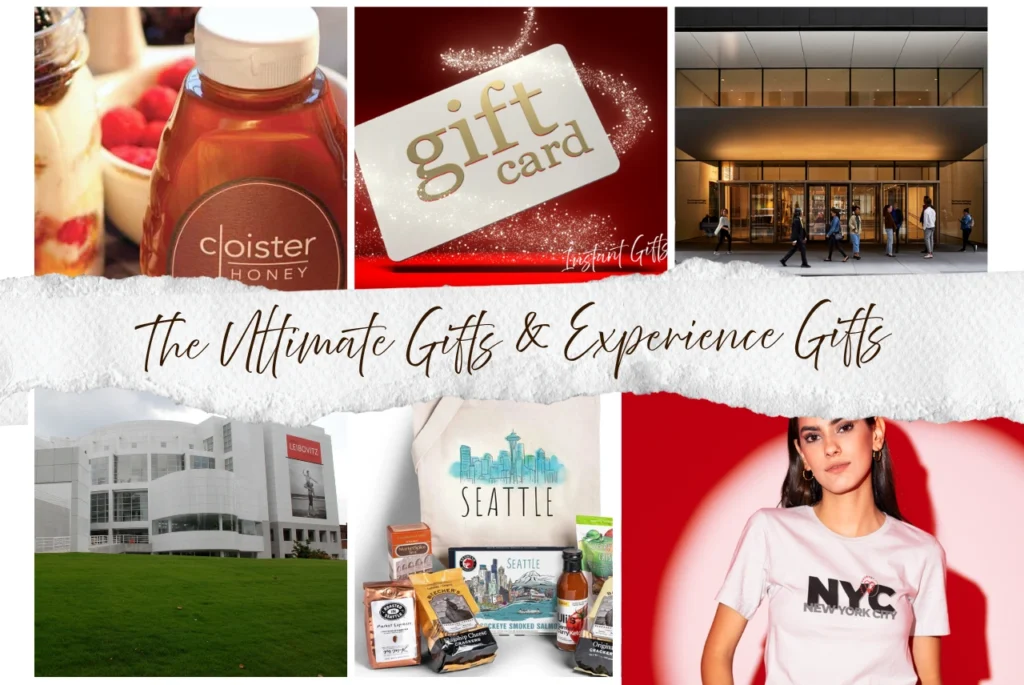 Collage highlighting the best gifts and experience gifts: artisan honey, digital gift card, museum entrance, Seattle gift basket, and NYC City Style tee