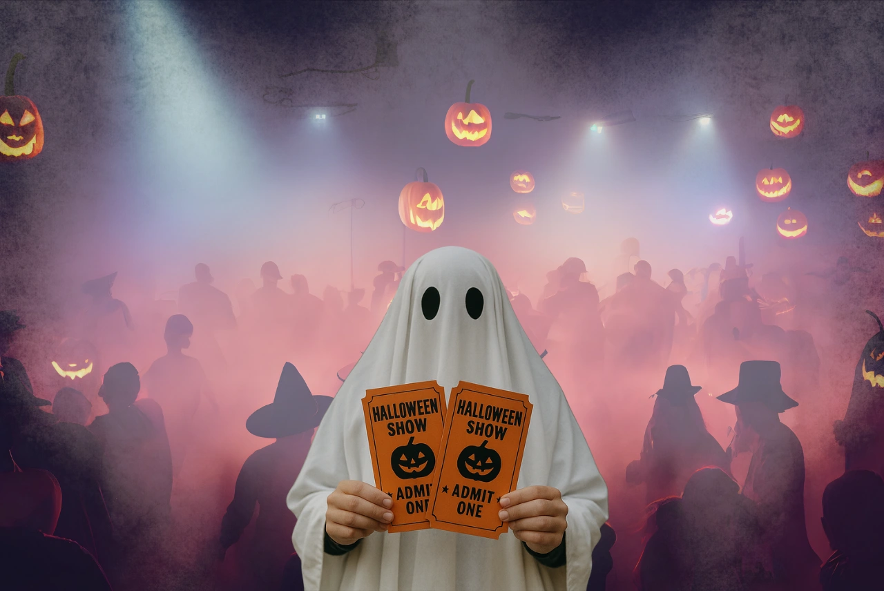 things to do for halloween – person dressed as a ghost shows tickets as pumpkins glow above a crowded costume party