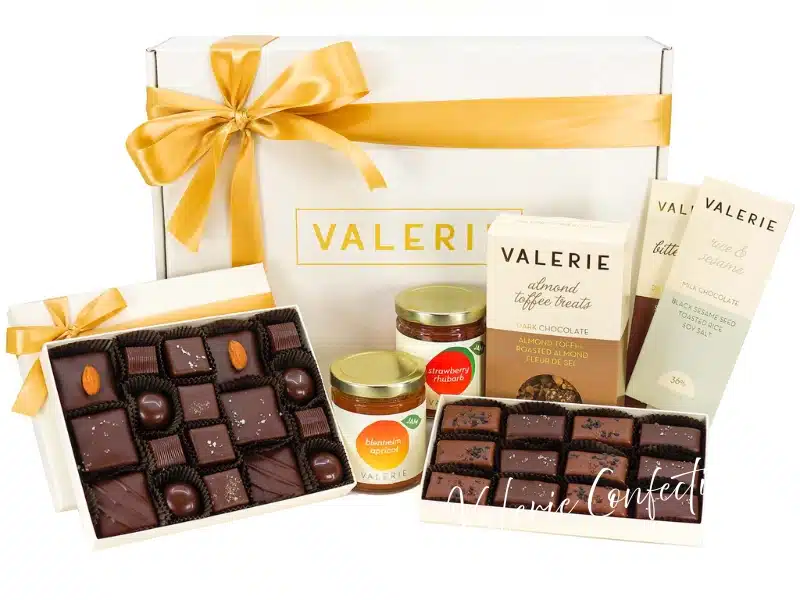 Valerie Confections gift box with chocolates, bars, and jam—Los Angeles food gift idea.