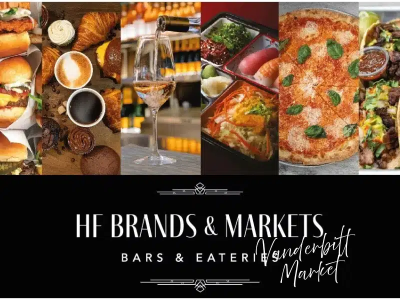 Vanderbilt Market food hall collage—burgers, pastries, wine, sushi, pizza—NYC food hall gift card idea.