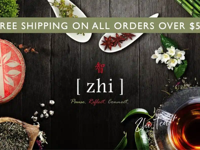 Zhi Tea branding with loose-leaf tea, spices, and a glass cup—Austin gifts under $50.