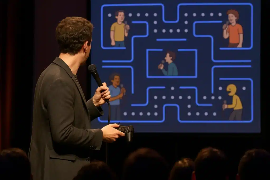 Comedian on stage holding a game controller and microphone, looking at a Pac-Man–style screen featuring cartoon characters doing stand-up comedy.