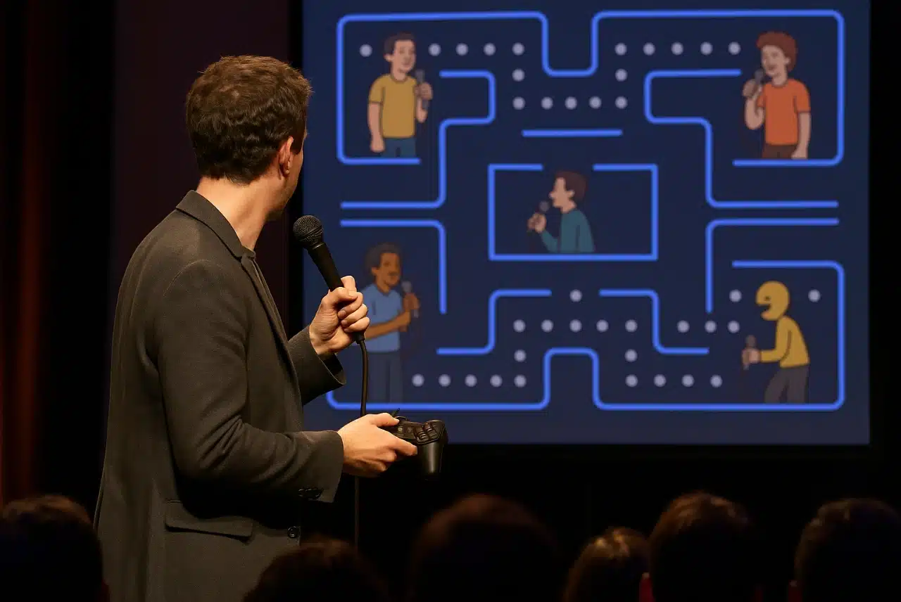 Comedian on stage holding a game controller and microphone, looking at a Pac-Man–style screen featuring cartoon characters doing stand-up comedy.