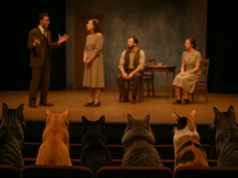 Cats sitting in theater seats watching a stage performance by four actors.