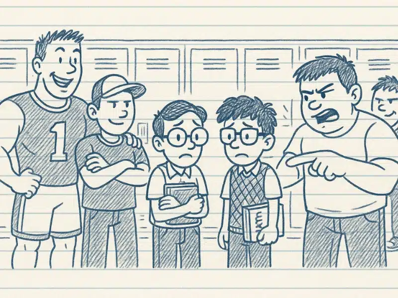Cartoon-style notebook drawing of students in a school hallway, with two nervous kids and a group of bullies pointing and laughing.