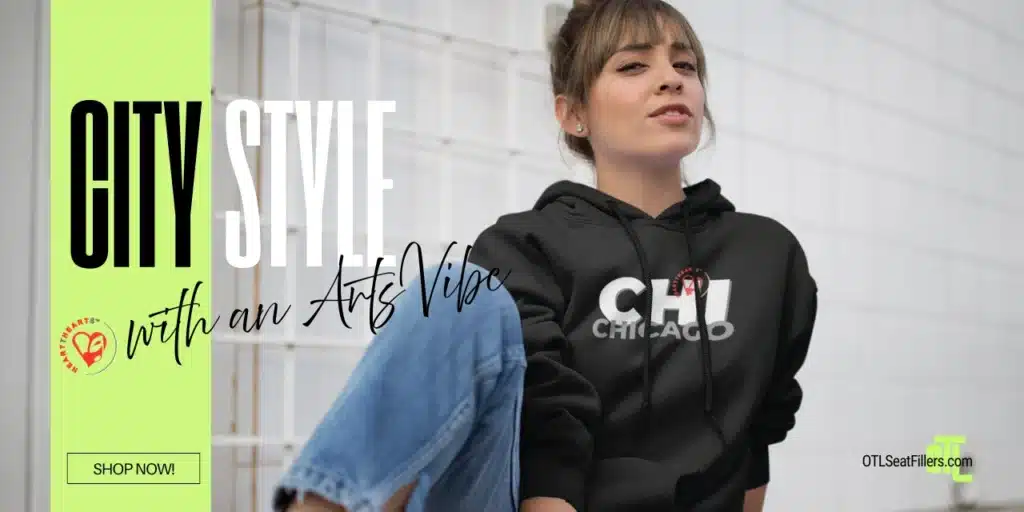 City Style with an Arts Vibe CHI Chicago hoodie—Heart The Arts collection ad.