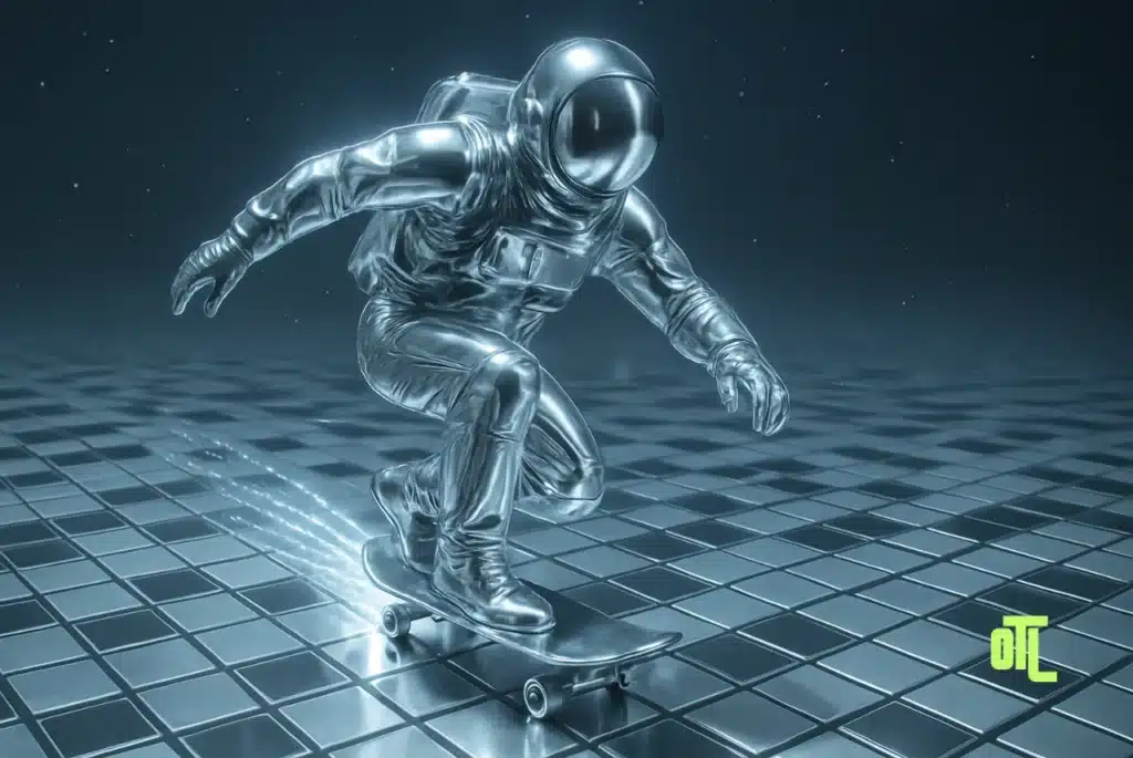 Futuristic chrome astronaut skateboarding fast across a glowing grid surface, symbolizing speed and competition, with a small OTL logo in the corner.