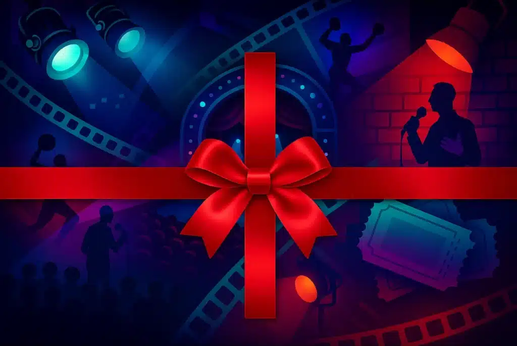 Red gift bow over a collage of theatre, comedy, sports, film reels, and tickets—spotlighting gift ideas and experience gifts.