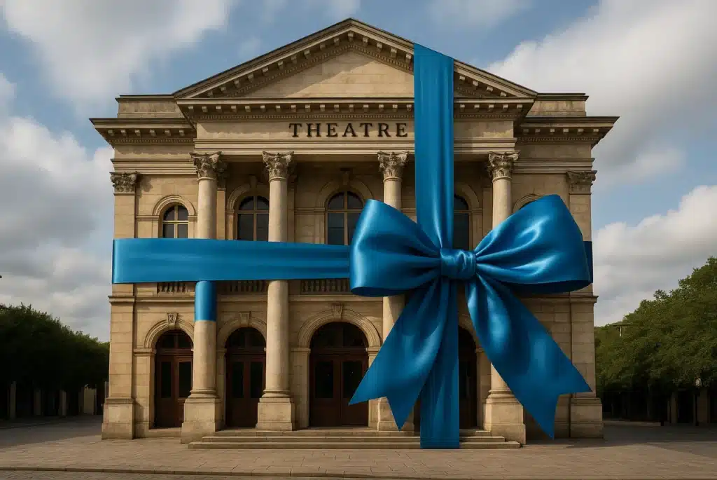 Historic theatre wrapped with a big blue gift bow — gifts for theatre lovers.