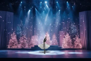 Holiday shows 2025: ballerina in a white tutu under a spotlight on a snow-lit stage with sparkling fir trees and falling “snow.”