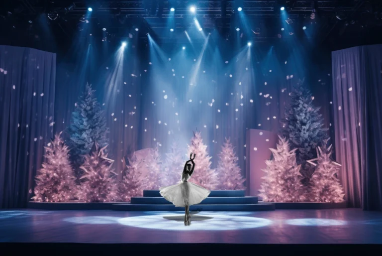 Holiday shows ballerina in a white tutu under a spotlight on a snow-lit stage with sparkling fir trees and falling “snow.”
