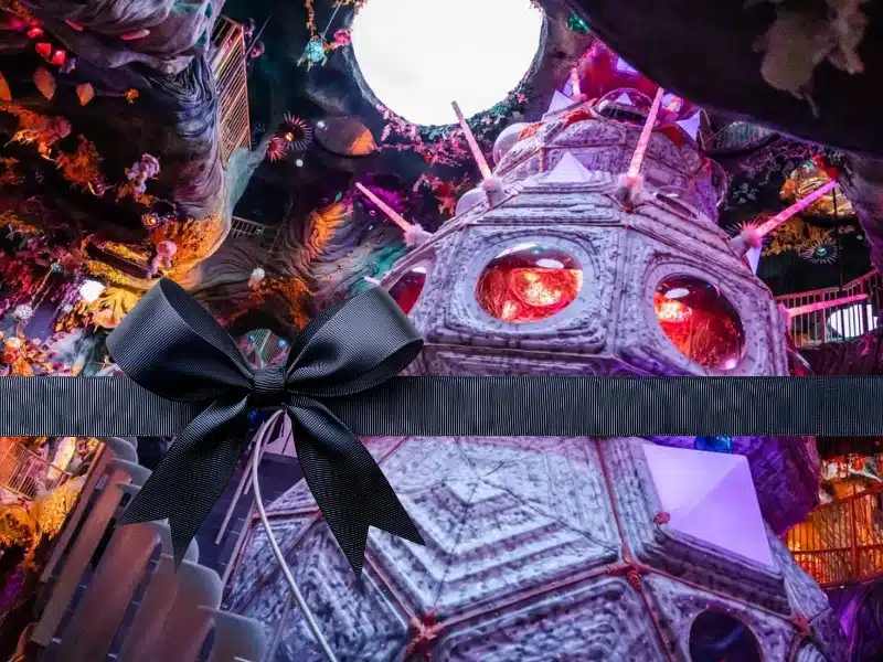 gift of experience at Meow Wolf: surreal purple, spaceship-like art installation with neon glow
