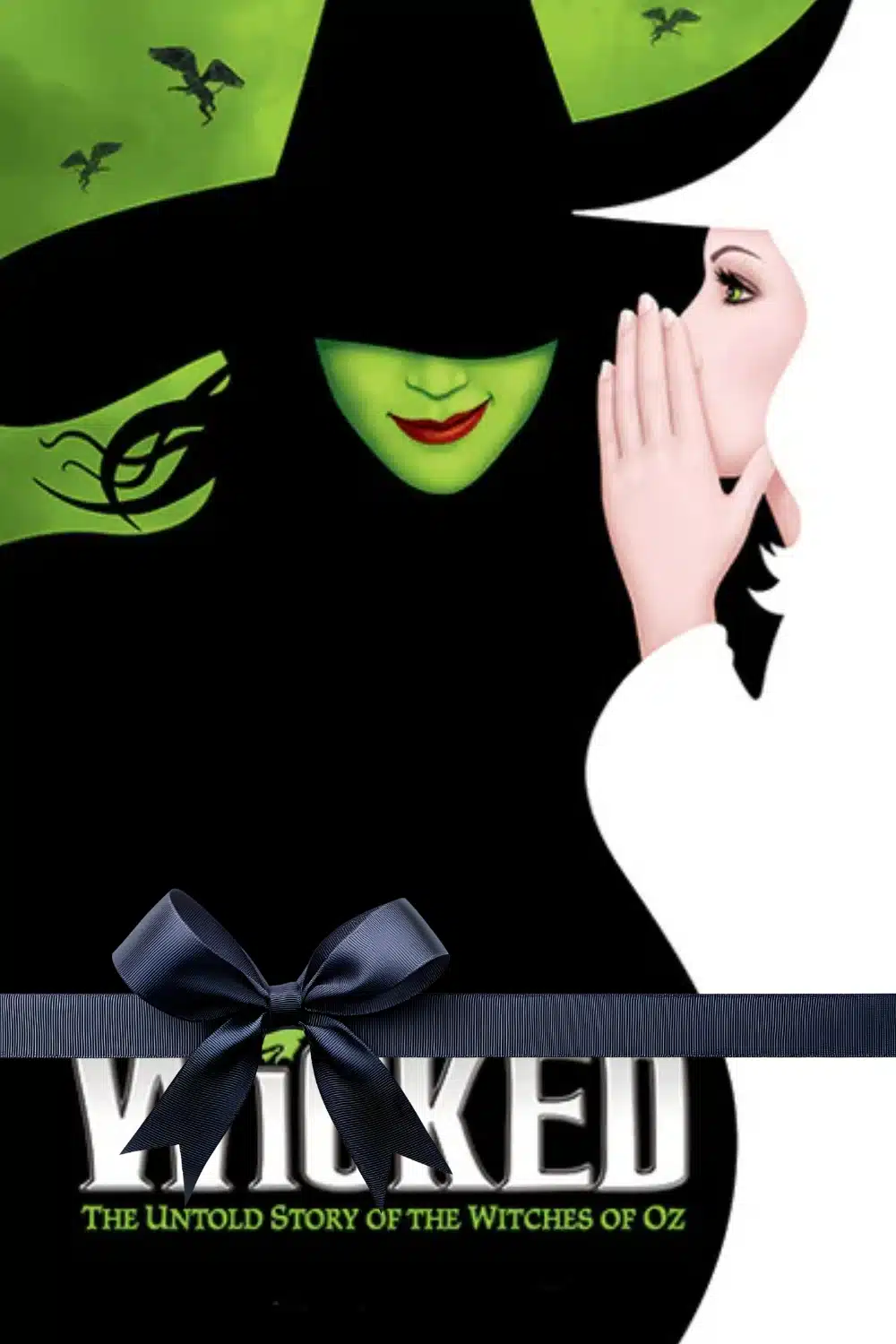 Wicked musical poster with emerald-green witch and whispering silhouette — wall-art gift for theatre lovers.