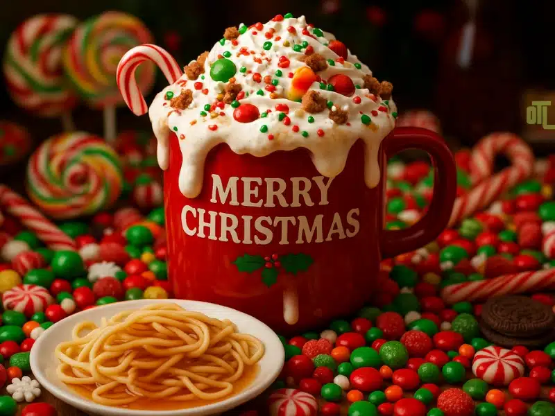 Buddy’s Sweet on Maple Bourbon Coffee in a red “Merry Christmas” mug piled with whipped cream, candy, and a candy cane, next to syrupy spaghetti.