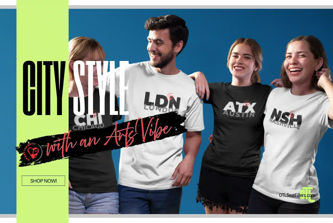 Group of friends wearing City Style t-shirts for London, Chicago, Austin, and Nashville from OTL Seat Fillers.