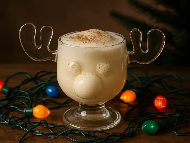 Griswold Inspired Eggnog served in a clear moose-shaped glass with Christmas lights on the table.