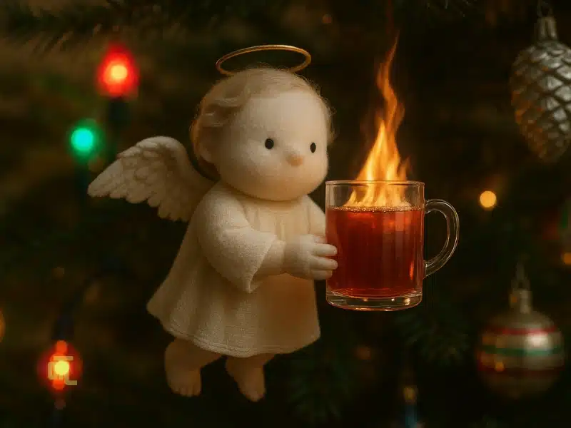 Small angel ornament holding a flaming glass mug of It’s a Wonderful Flaming Rum Punch in front of a Christmas tree.