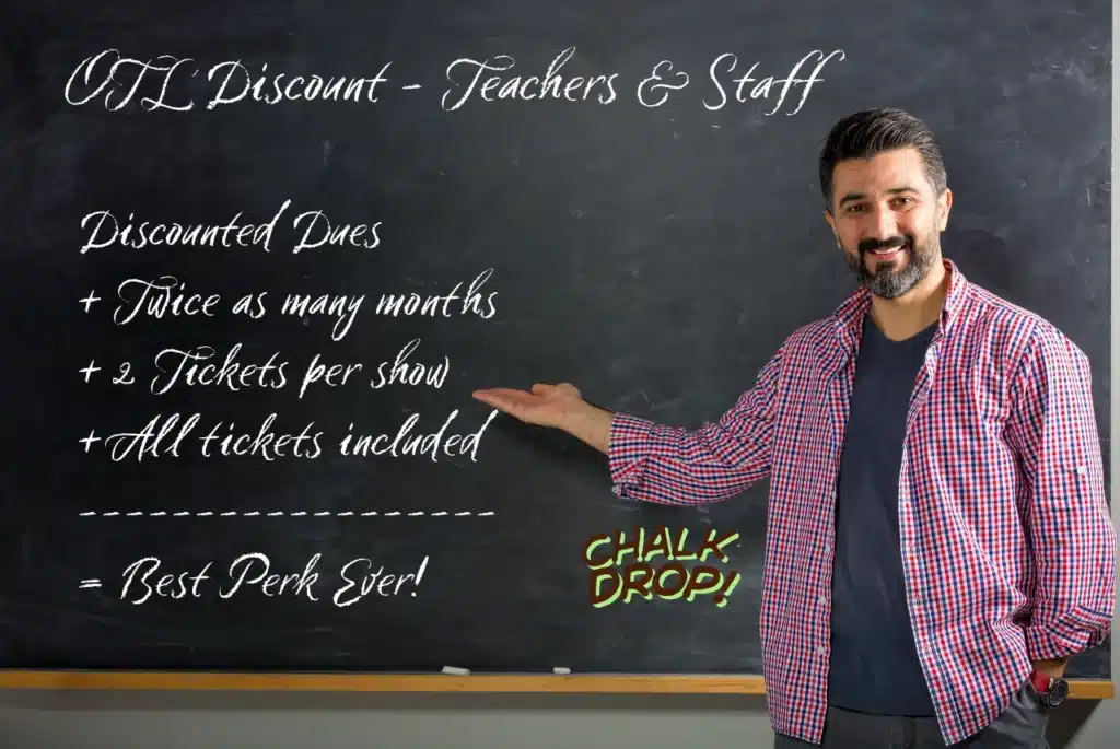Smiling teacher by a chalkboard pointing to “OTL Discount – Teachers & Staff” with perks: discounted dues, extra months, 2 tickets per show.