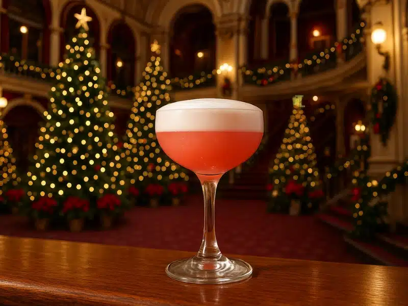 Pantomime Cocktail in a coupe glass with a foamy top, sitting in a grand theatre decorated with Christmas trees and lights.