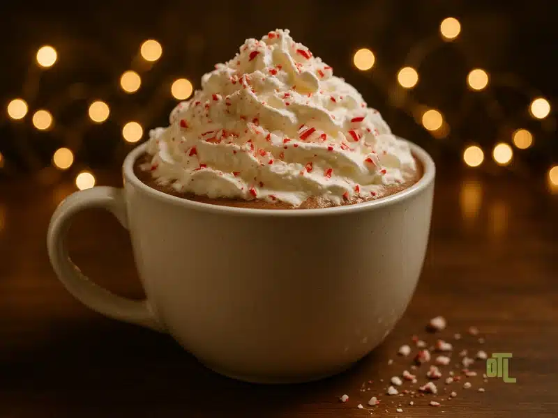 Secret Spiked Hot Chocolate topped with whipped cream and crushed candy cane in a white mug with Christmas lights in the background.
