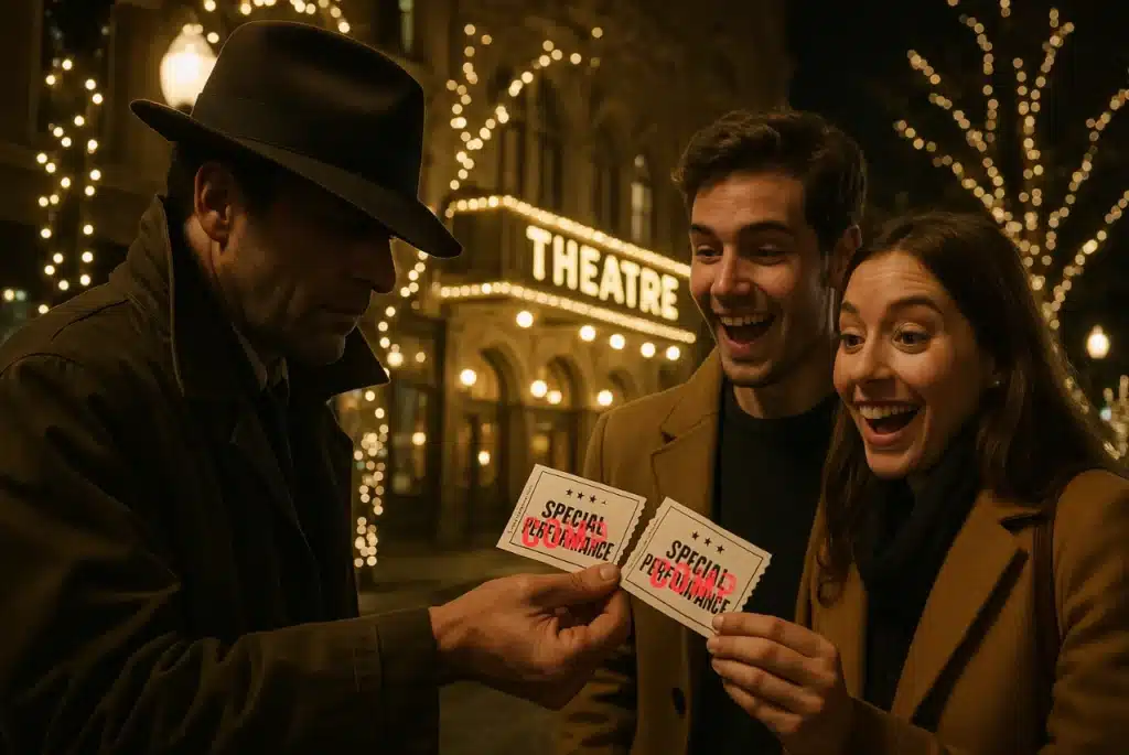 Mysterious man in a fedora hands “Special Performance” theatre tickets to an excited couple outside a glowing theatre at night.