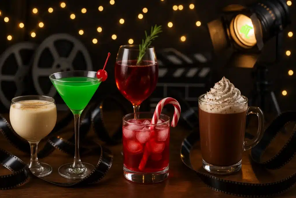 Assorted Christmas cocktails on a table with film reels and a spotlight in the background.