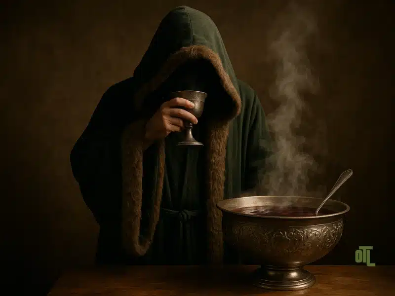 Hooded figure in a green robe holding a goblet beside a steaming silver punch bowl of The Negus of Christmas Present.