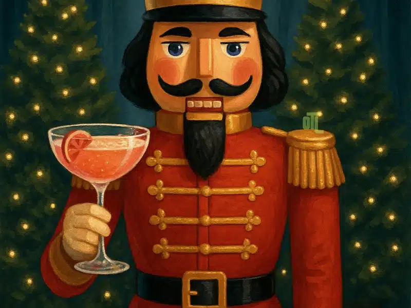 Nutcracker soldier holding a pink Sugar Plum Fairy Fizz cocktail in front of Christmas trees with fairy lights.