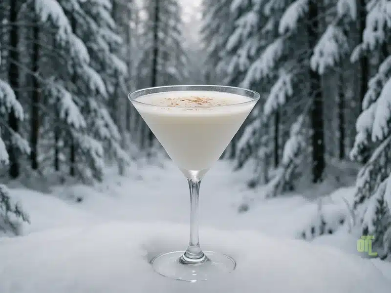 The White Christmas Cocktail in a martini glass sitting in the snow, surrounded by snow-covered trees.