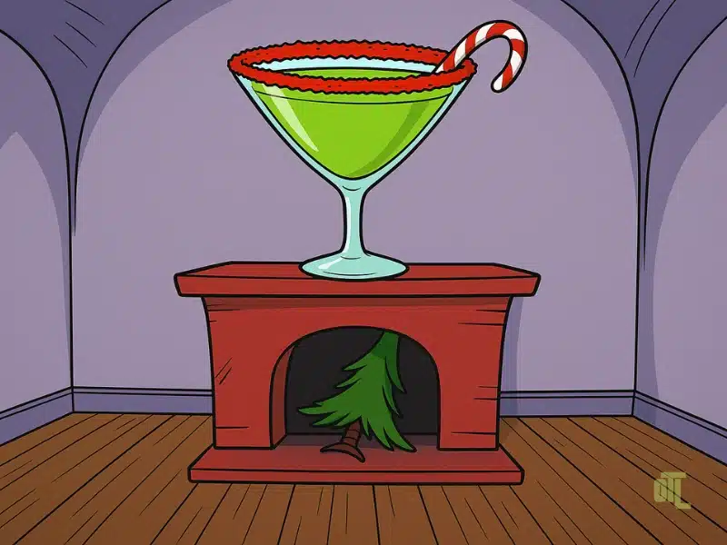 Cartoon-style green Grinch cocktail with a candy cane on a mantle, above a fireplace hiding a stolen Christmas tree.