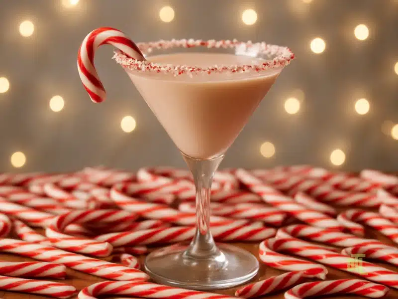 “You Go, Glen Coco” Candy Cane Martini in a glass rimmed with crushed peppermint, surrounded by red and white candy canes.