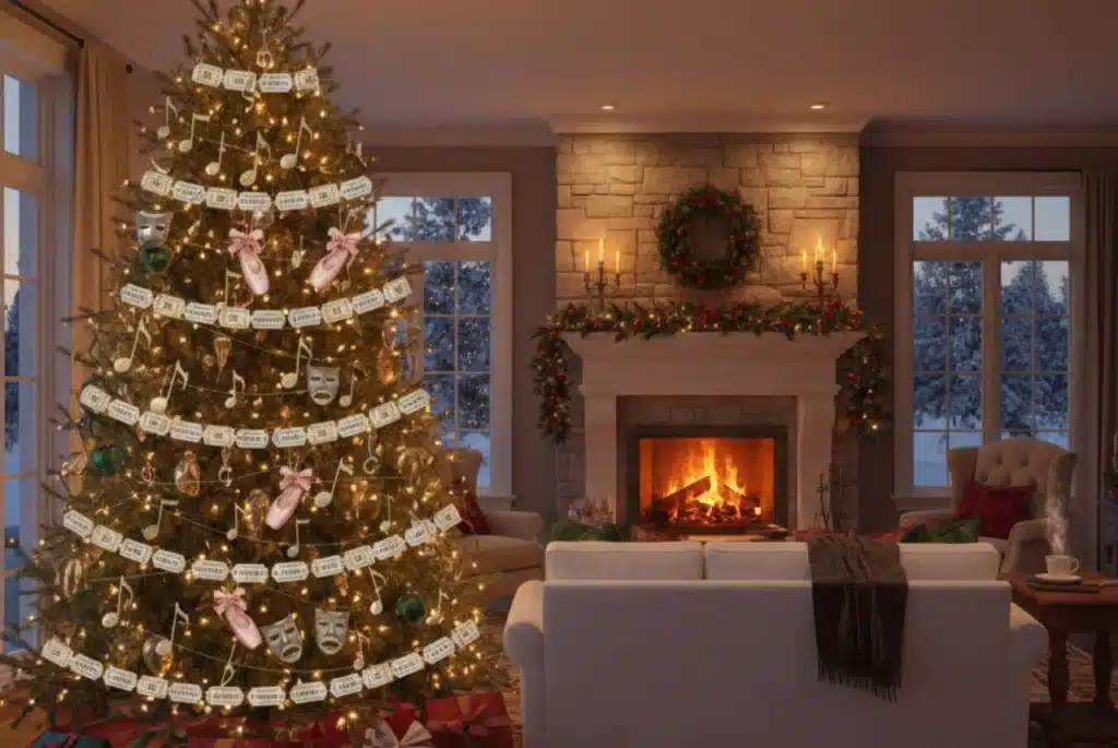 Beautifully decorated living room featuring a Christmas tree lit with white lights, adorned with unique entertainment-themed ornaments including tiny drama masks, ballet slippers, music notes, and strands of theatre tickets. A cozy fireplace and stone hearth with a festive garland and wreath are visible in the background. (OTL Holiday Hub)