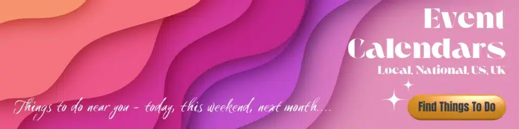 Colorful layered pink and purple banner promoting event calendars with a “Find Things To Do” button.